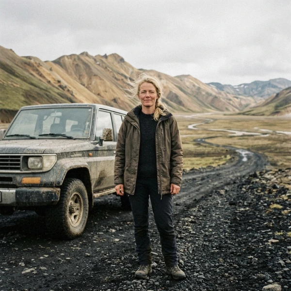 Sigrún Hafsteinsdóttir, highland guide, standing beside a modified 4x4 on the black sand track into Landmannalaugar, Iceland