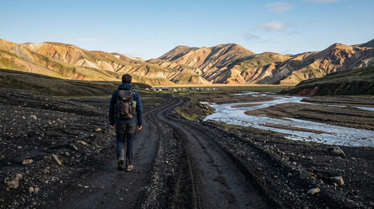 A lone walker on the gravel track into Landmannalaugar in bright morning sun, arriving without a tour, Iceland