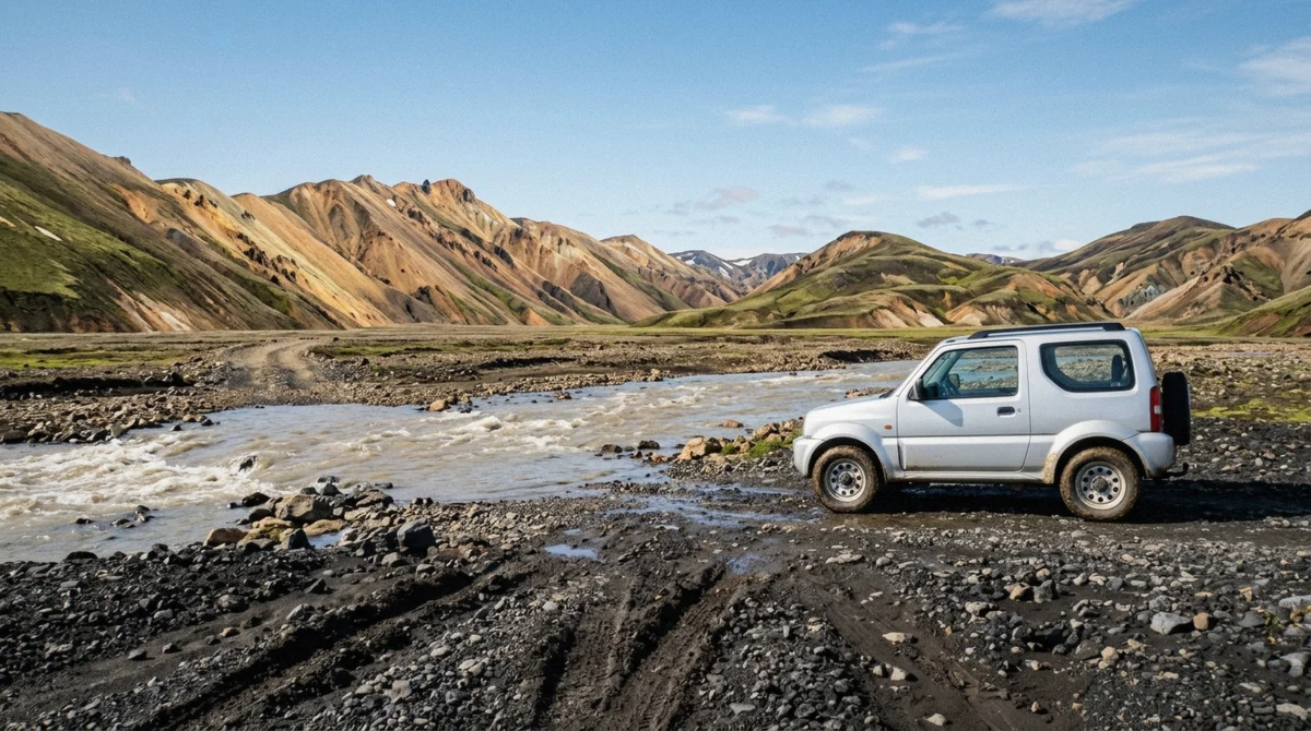 A rental car stopped at the edge of a river crossing on the F-road to Landmannalaugar in bright daylight, the classic planning mistake, Iceland