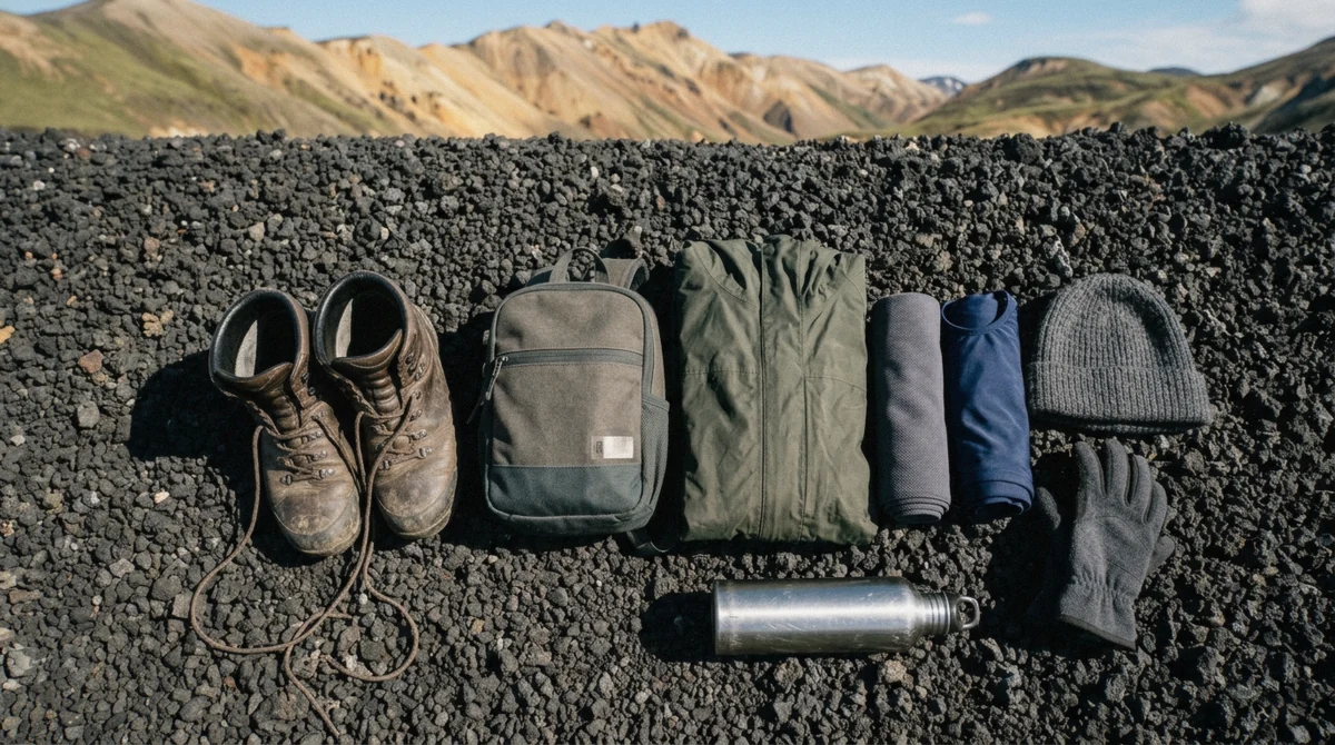 Hiking boots, waterproofs and a daypack laid out on black lava with the rhyolite mountains behind, packing for Landmannalaugar, Iceland