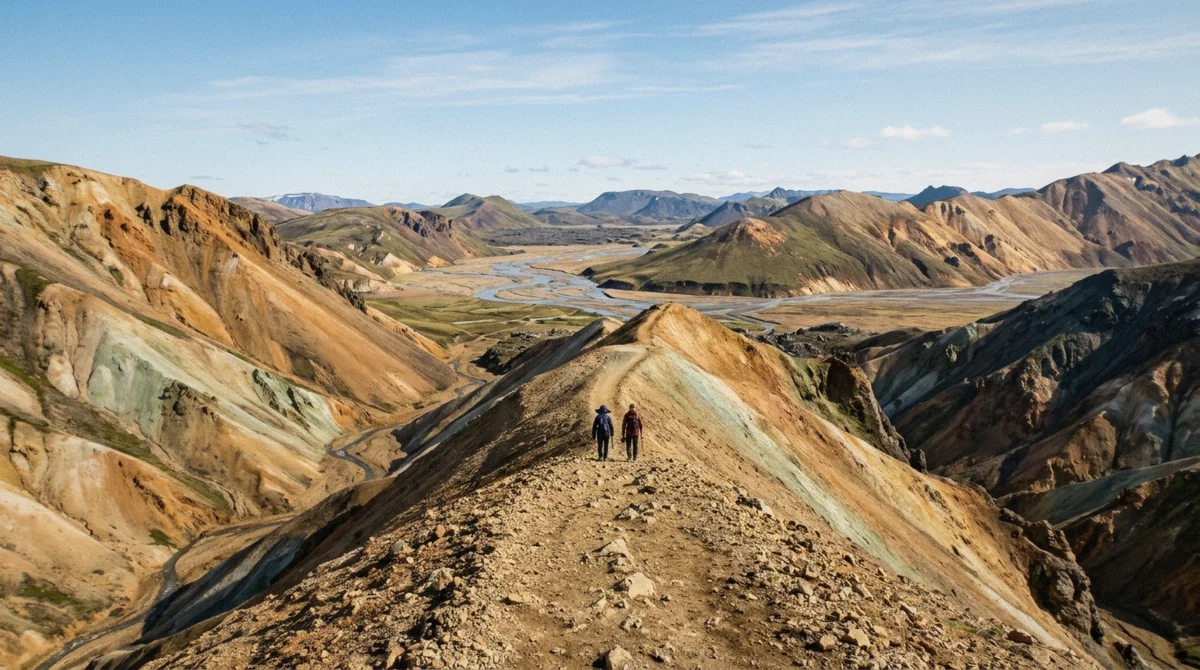 Hikers small on the banded rhyolite ridge above the valley in bright morning sun, the view that answers whether Landmannalaugar is worth it, Iceland
