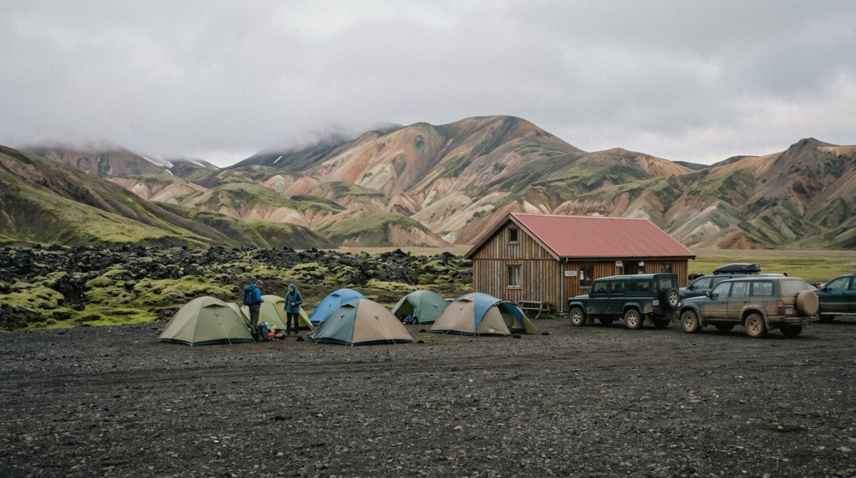 Tents and the Ferðafélag Íslands mountain hut on the gravel plain at Landmannalaugar, the overnight base for Landmannalaugar tours and the Laugavegur trail