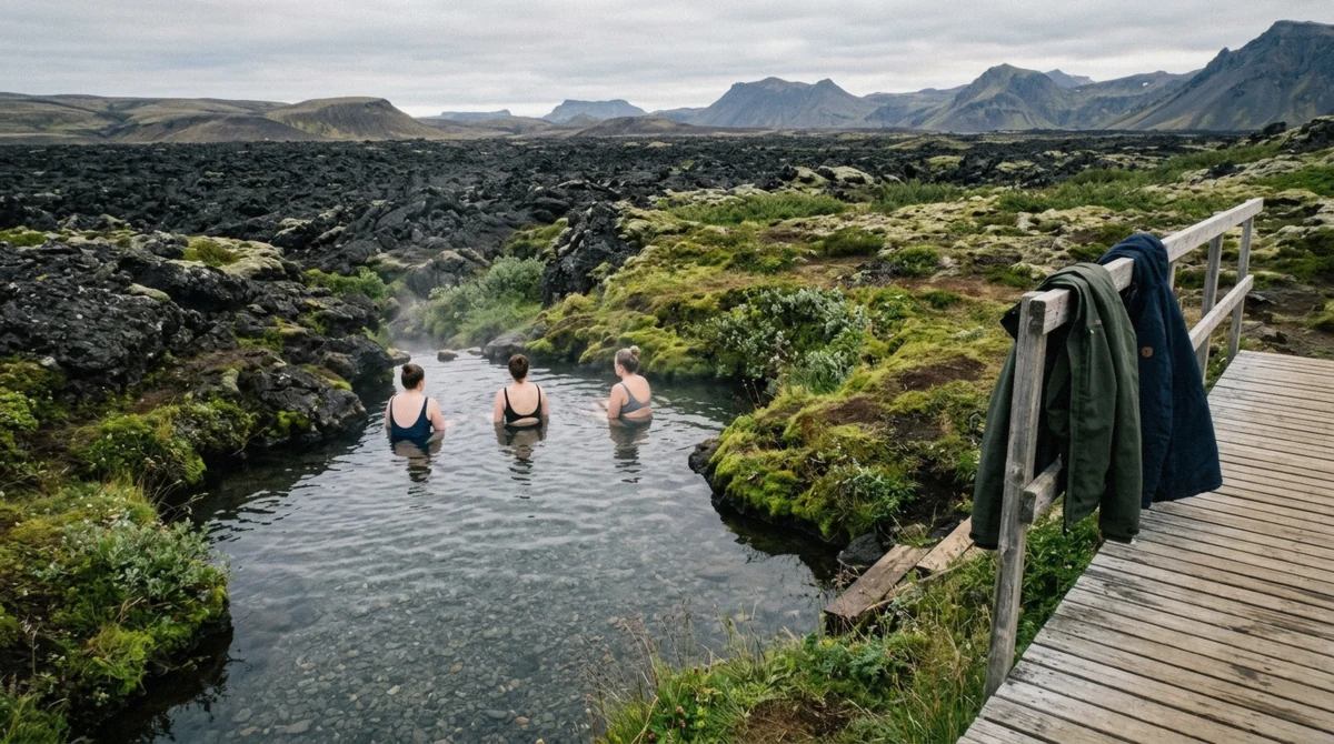 Bathers in the natural geothermal pool beside the lava field at Landmannalaugar, the hot spring stop on a Landmannalaugar tour in Iceland