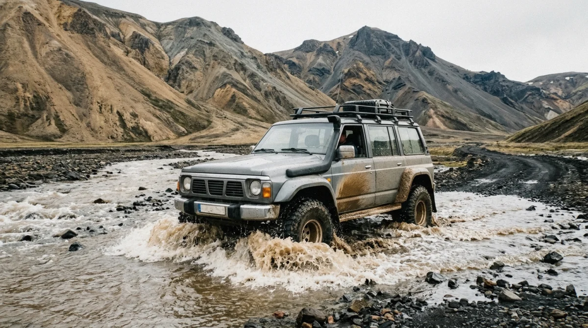 A modified 4x4 fording a glacial river on the F-road to Landmannalaugar in the Icelandic highlands on a guided Landmannalaugar tour