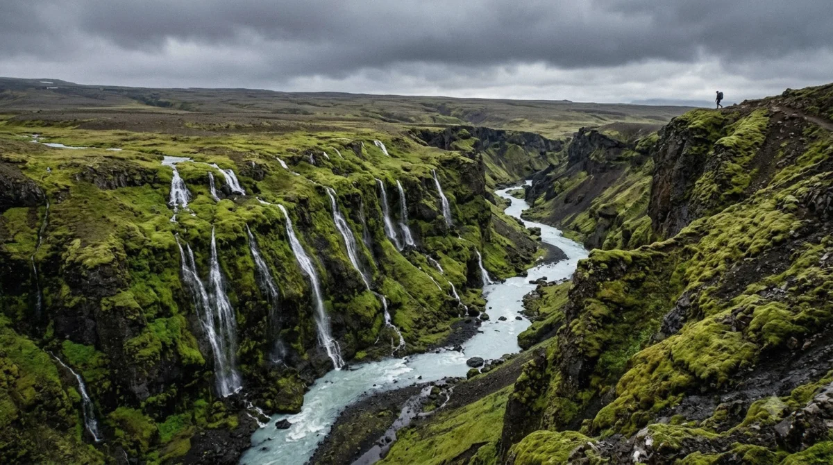Waterfalls spilling down the mossy wall of the Sigöldugljúfur canyon, the Valley of Tears stop on a Landmannalaugar tour in the Icelandic highlands